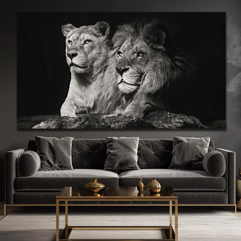 Póster De Lienzo León Y Leona Con Corona En Blanco Y Negro - Decoración Moderna Para Salón, Sin Marco, Tamaño 50x70 Cm